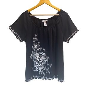 Rebecca Malone Black Floral Embroidered Blouse Short Sleeve Medium Boho Chic